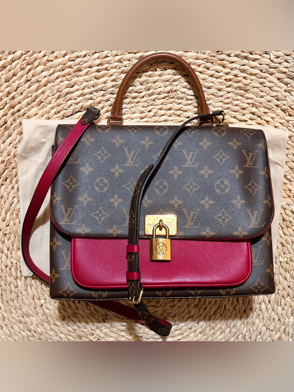 Louis Vuitton Brown Monogram with red messenger Leather Satchel Bag